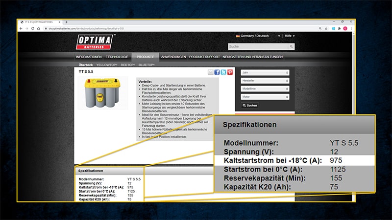 Battery specs in German