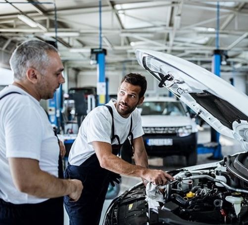 Two Mechanics Checking Battery under Car Hood